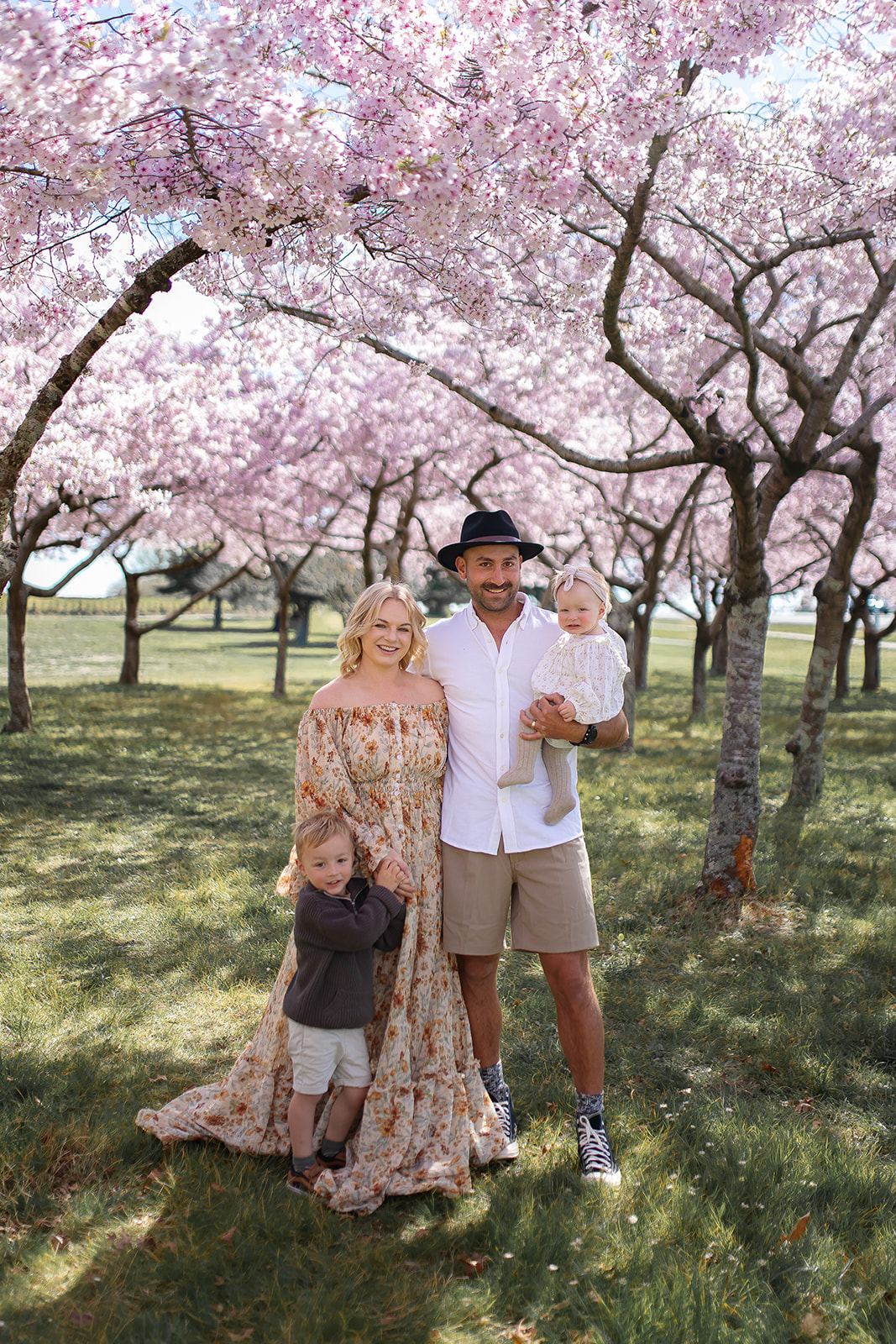Family of four walking beneath cherry blossoms at Pākōwhai Regional Park in Hawke's Bay during a spring family photography session.