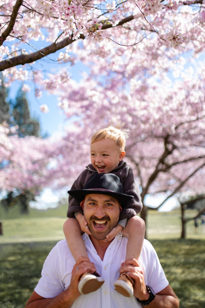 Dad carrying his young son on his shoulders beneath the cherry blossoms at Pākōwhai Regional Park during a Hawke's Bay family photography session.